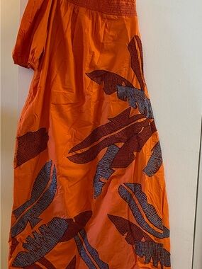 NWT Maeve one-shoulder Orange Printed Maxi Dress with Embroidered Leaf Pattern